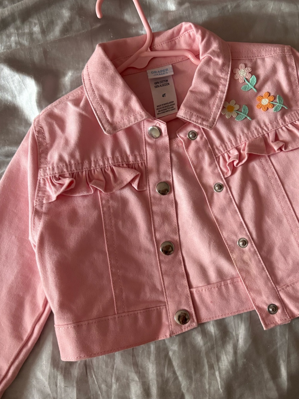 Draper James Pink Ruffle Denim Jacket with Floral Embroidery